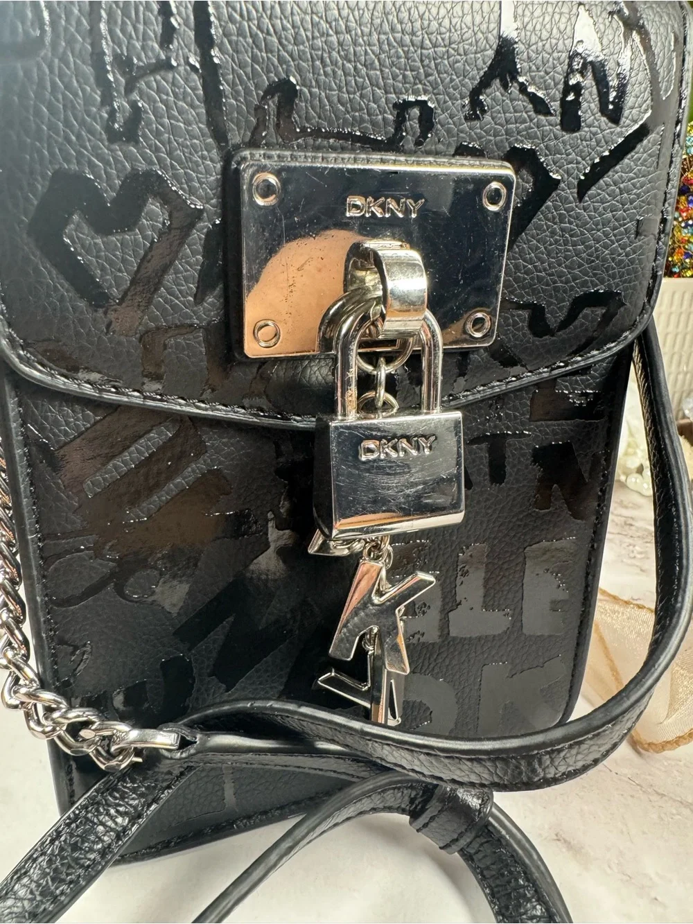 DKNY Black Logo Padlock Chain Crossbody Phone Bag
